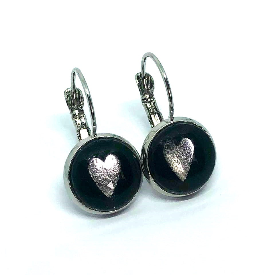 beautiful silver metallic hearts on a black background glass dome earrings