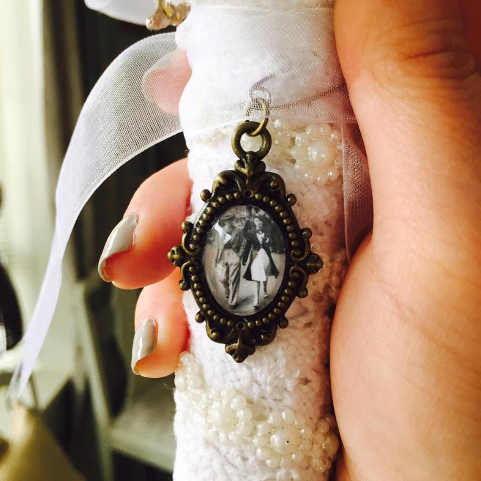 Wedding bouquet photo charm in a bronze antique style frame