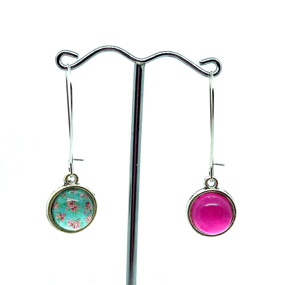 Double side glass dome earrings with blossom on one side and pink on the other