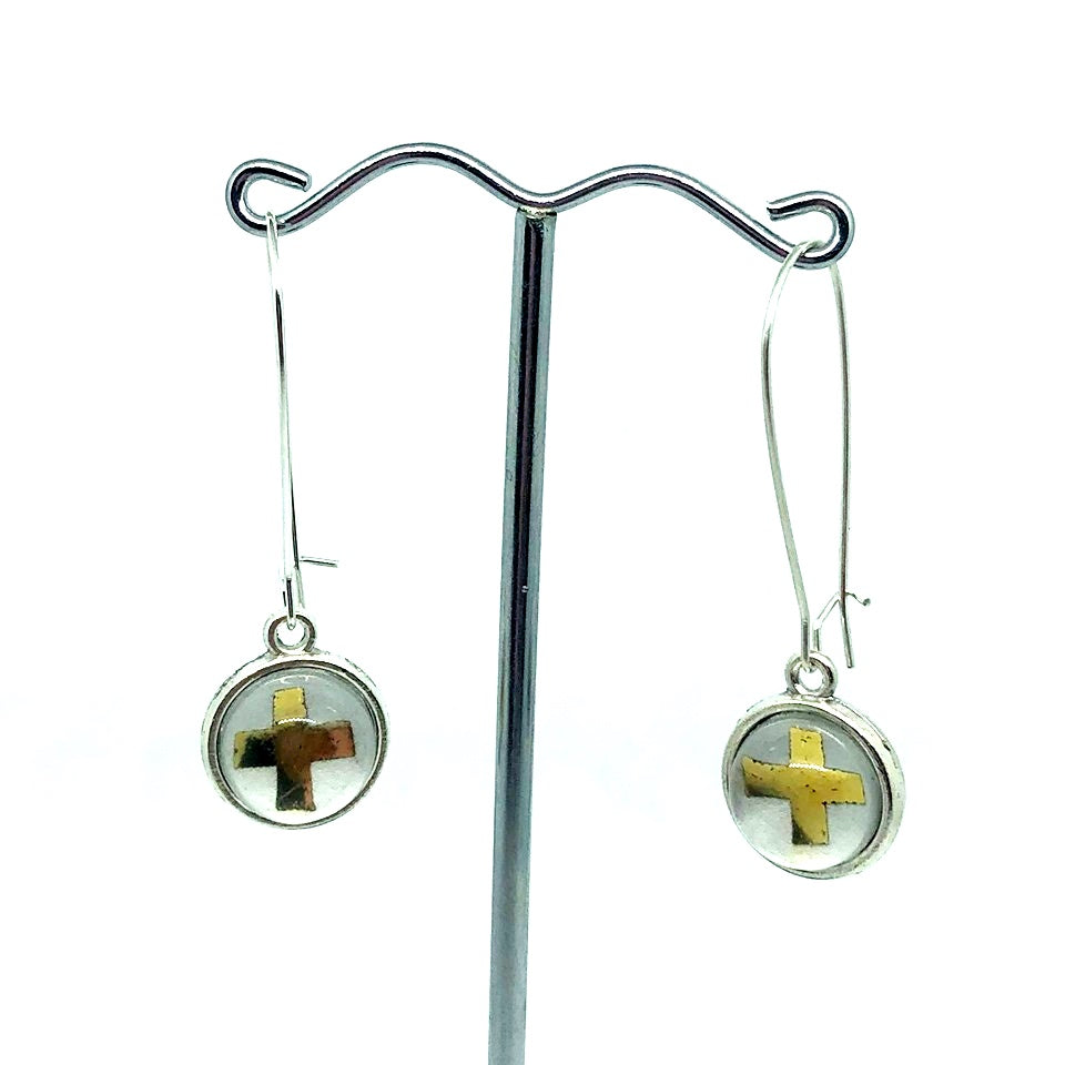 DOUBLE SIDED GOLD CROSS + GOLD DIPPED GLASS DOME EARRINGS