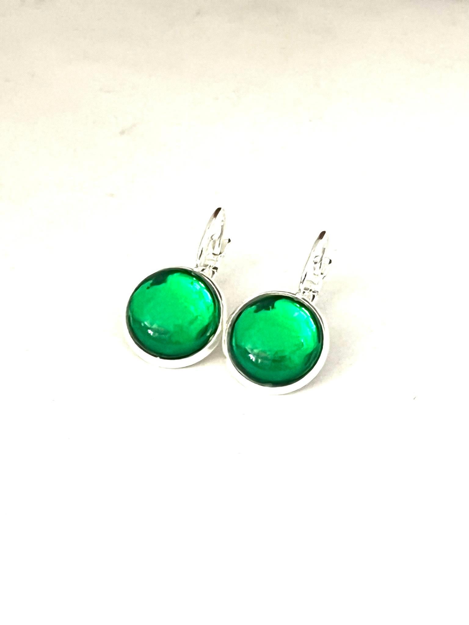 Bold Emerald green metallic  glass dome earrings