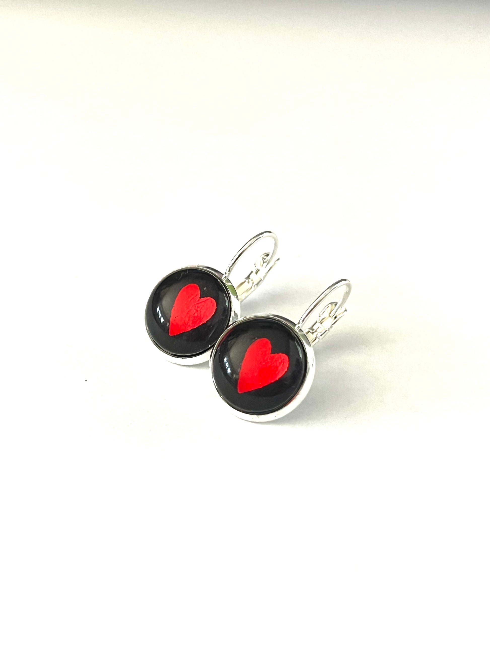 ruby red heart metallic glass dome earrings