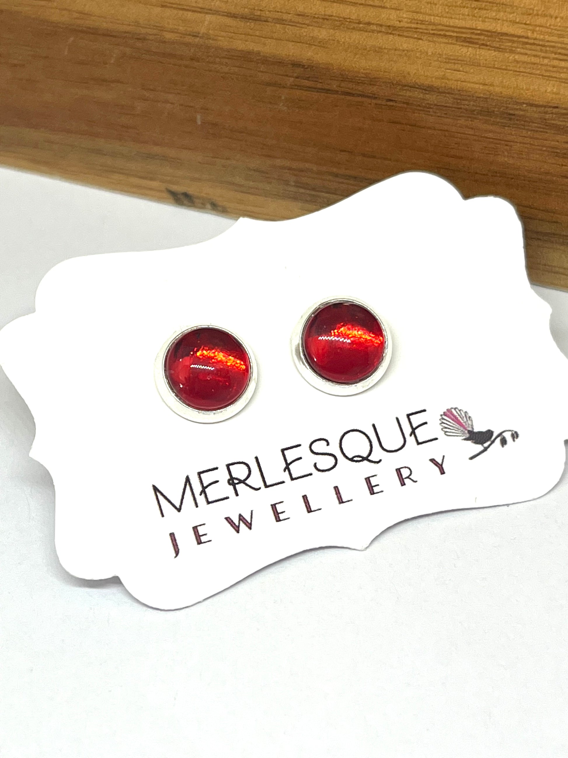 Ruby red glass dome studs set in silver 