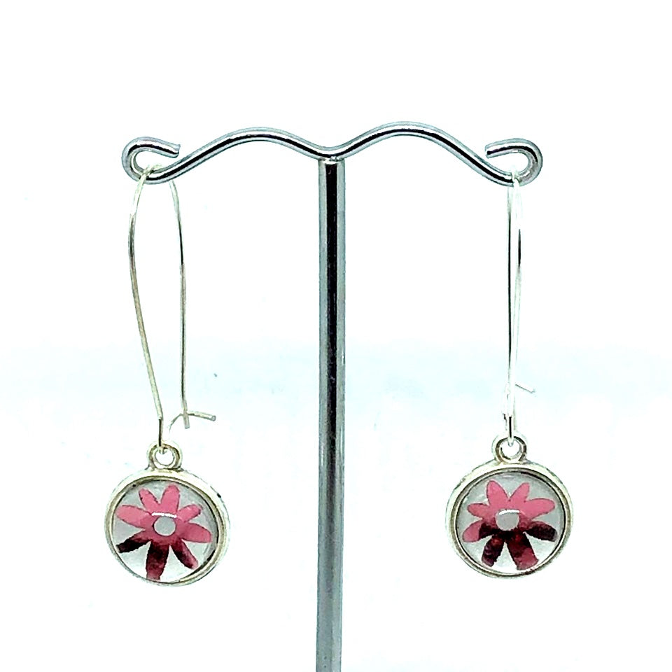 DOUBLE SIDED PINK DAISY AND MINT GREEN GLASS DOME EARRINGS