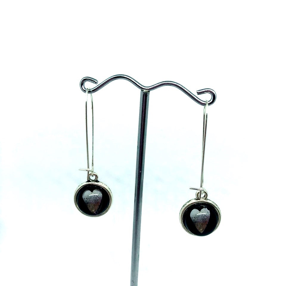 DOUBLE SIDED SILVER DRAGONFLY + HEART GLASS DOME EARRINGS